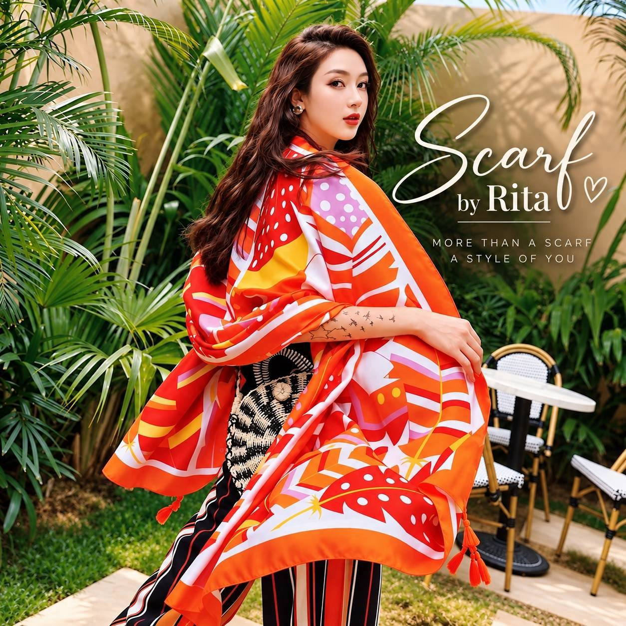 042ผ้าคลุมไหล่ลายใบไม้และกราฟิกทรอปิคอลโทนสีส้มอิฐ-แดงสด 