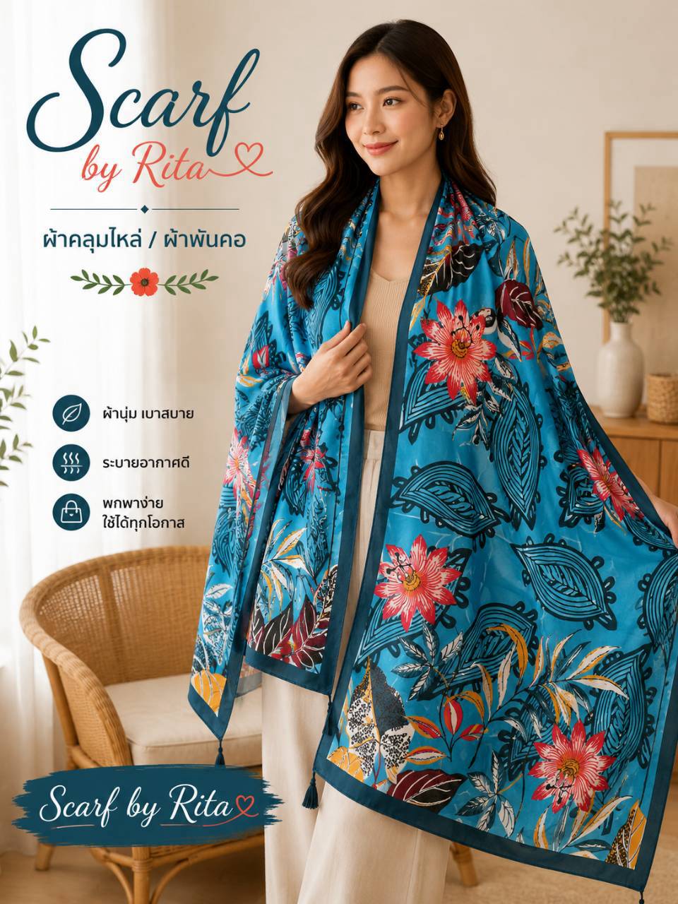 056ผ้าคลุมไหล่ลายดอกไม้เขตร้อนและพฤกษชาติสีฟ้าเทอร์ควอยซ์ 