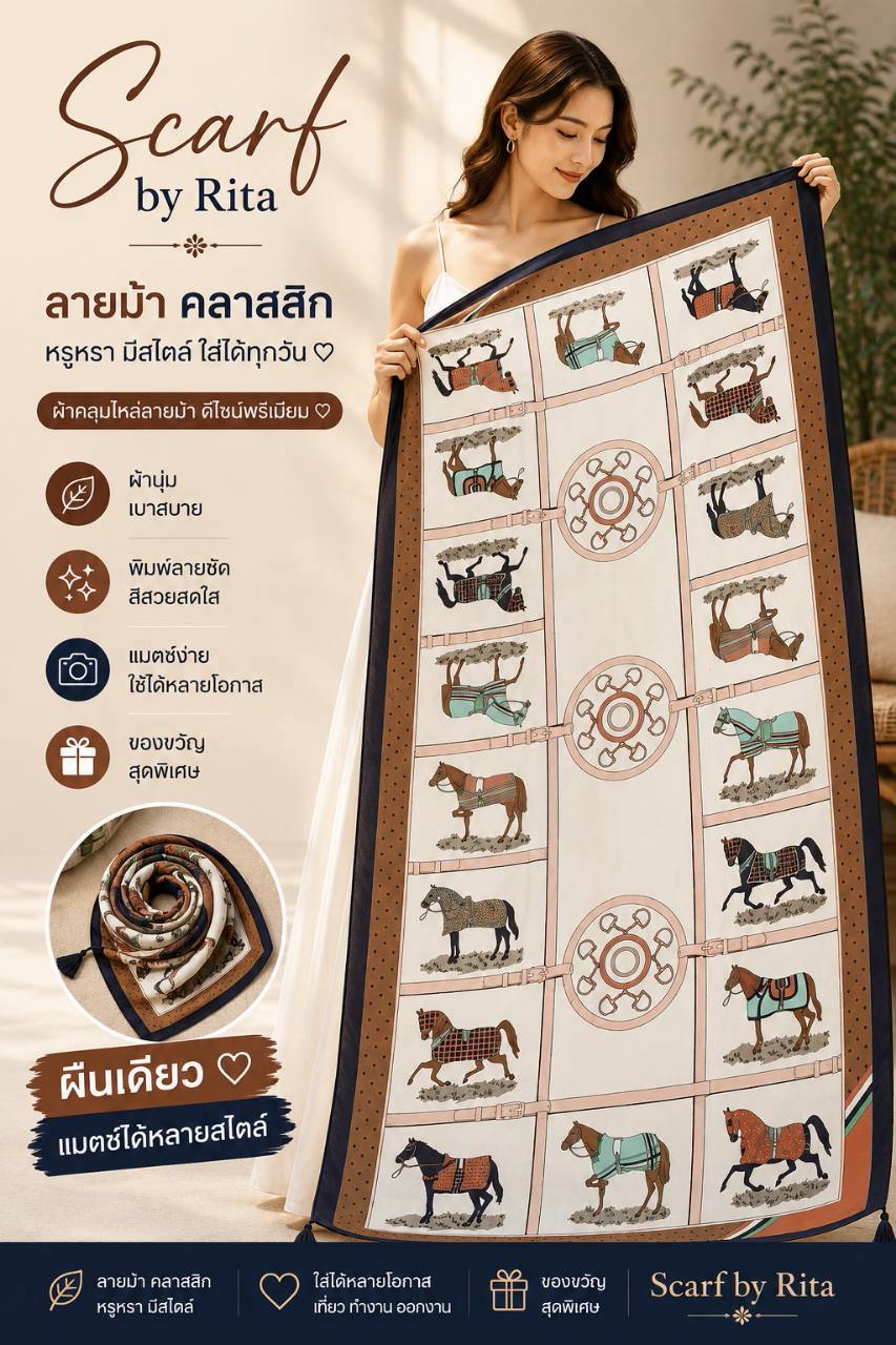 067ผ้าคลุมไหล่ลายม้าคลาสสิกและเข็มขัดออฟเซ็ตโทนสีน้ำตาล-ครีม