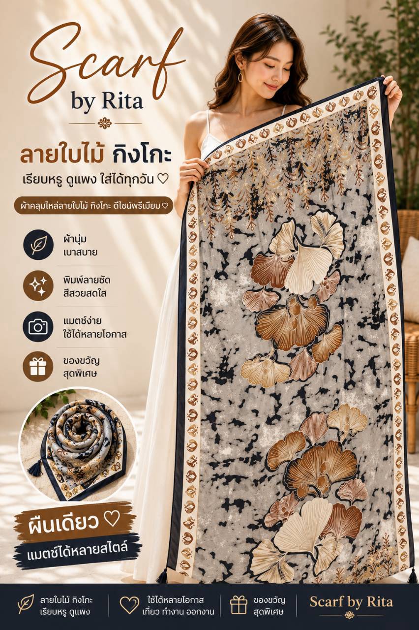 069ผ้าคลุมไหล่ลายใบไม้กิงโกะโทนสีทอง-เบจบนพื้นเทา-ดำ