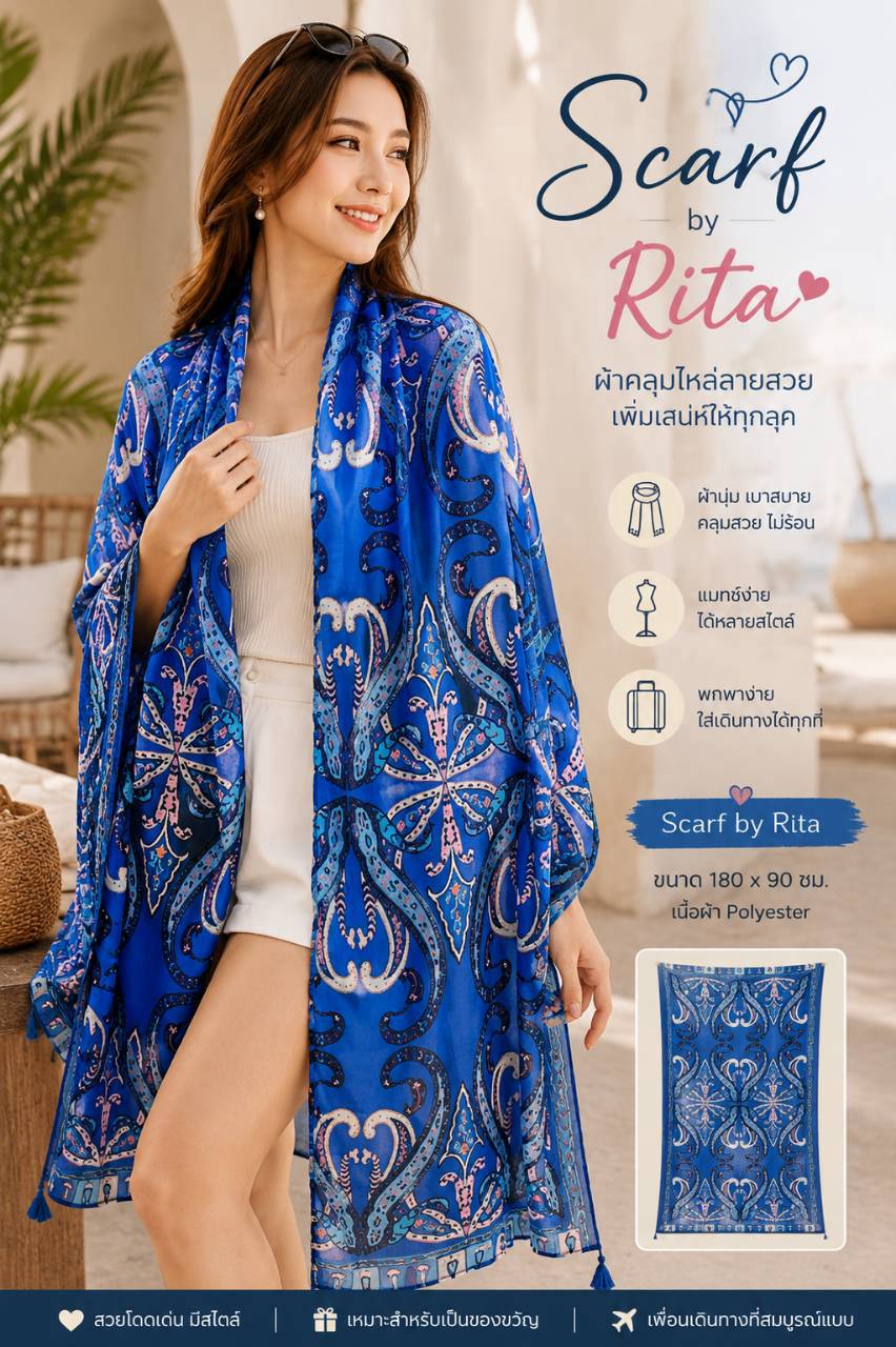 070ผ้าคลุมไหล่ลายเพซลีย์ซิมเมตริกโทนสีน้ำเงินโรยัลบลู