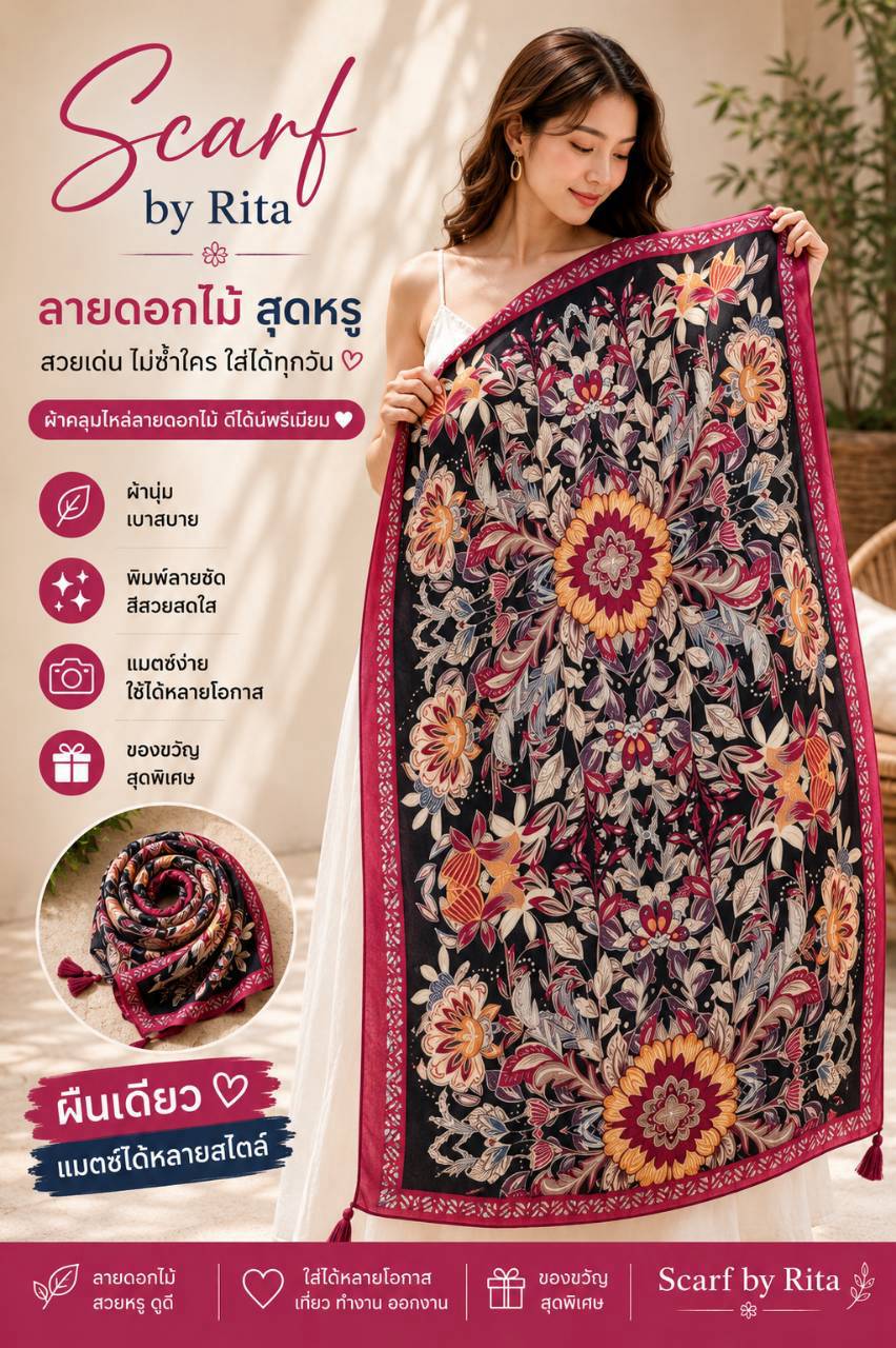 072ผ้าคลุมไหล่ลายดอกไม้และแมนดาลาโทนสีเบอร์กันดี-ดำ 