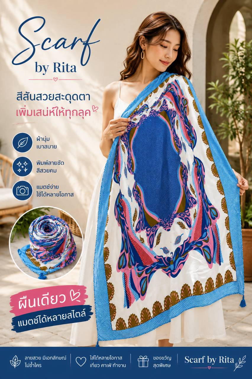 073ผ้าคลุมไหล่ลายกราฟิกออร์แกนิกและซิลูเอต์สีฟ้า-ชมพู