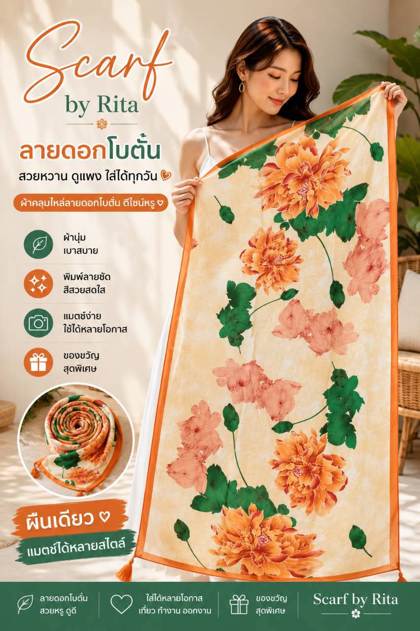 076ผ้าคลุมไหล่ลายดอกโบตั๋นสีส้มพีชขอบส้มสดใส