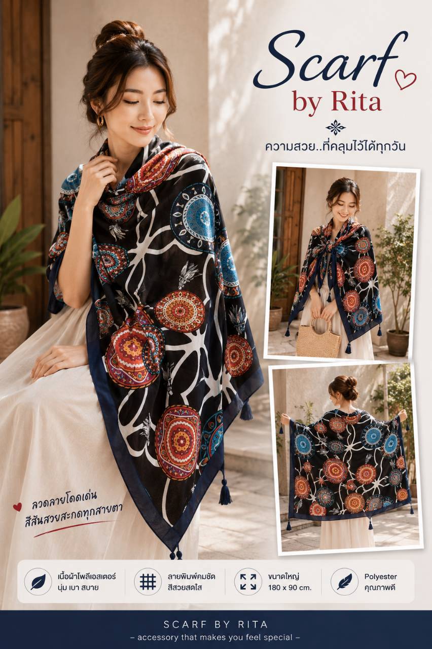 078ผ้าคลุมไหล่ลายแมนดาลาและตาข่ายดักฝันชนเผ่าบนพื้นดำขอบกรมท่า