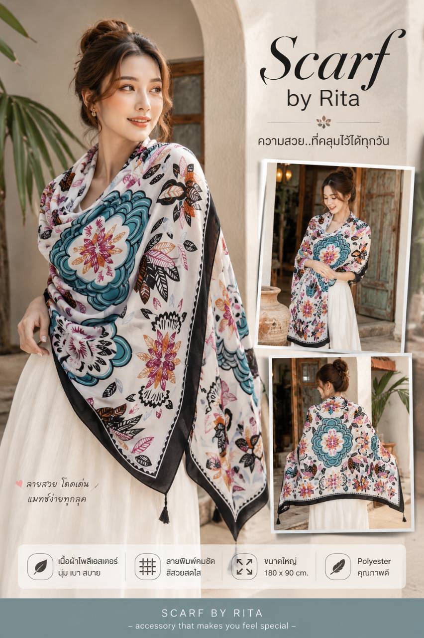 084ผ้าคลุมไหล่ลายแมนดาลาและพฤกษชาติขอบดำ 