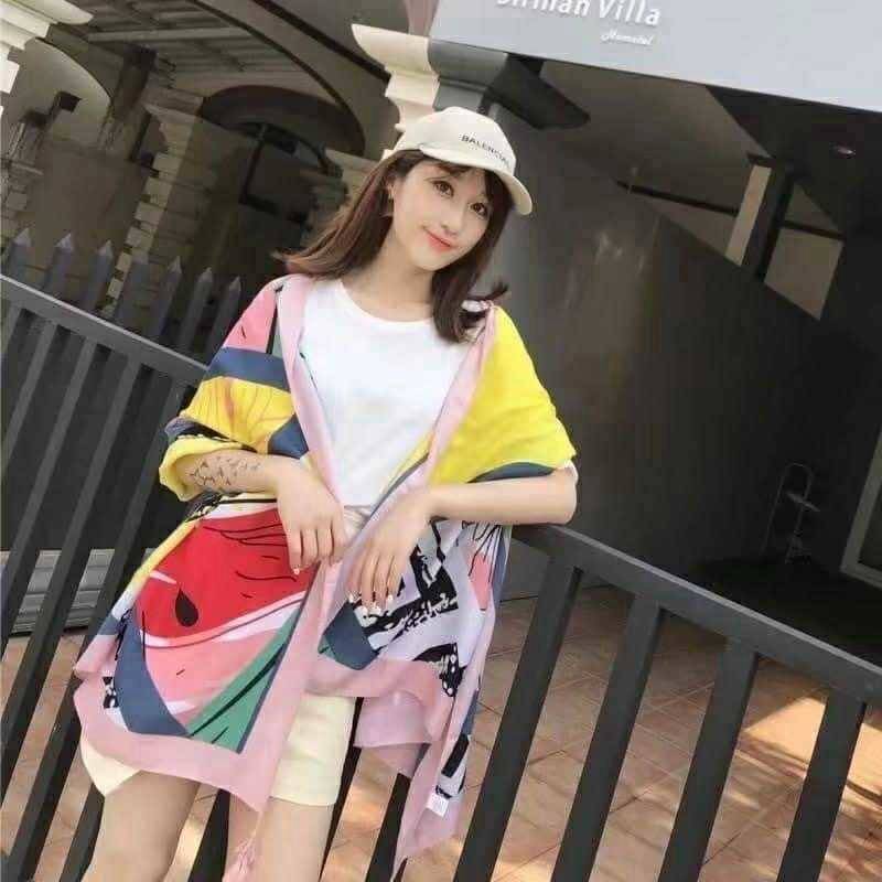 126ผ้าคลุมไหล่ลายผลไม้แตงโมและพัดพับสไตล์ป็อปอาร์ตขอบชมพูพาสเทล 
