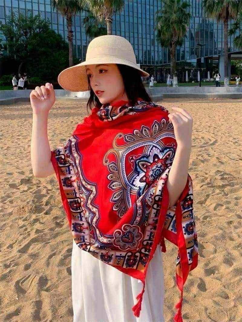 164ผ้าคลุมไหล่ลายเพสลีย์โบราณและมันดาลาสีแดงสด 
